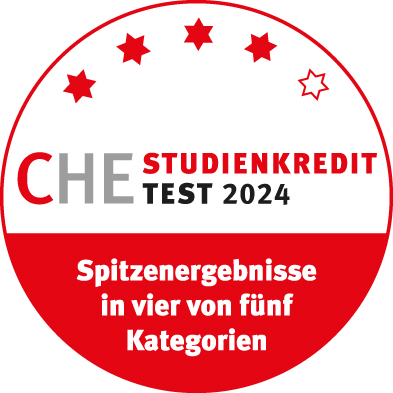 CHE Studienkredit Test 2024 - Spitzenergebnisse in vier von fünf Kategorien für die Deutsche Bildung Studienfinanzierung.